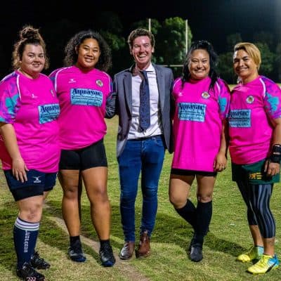 Me meeting the North Lakes Leopards Rugby Union Club Women's team.