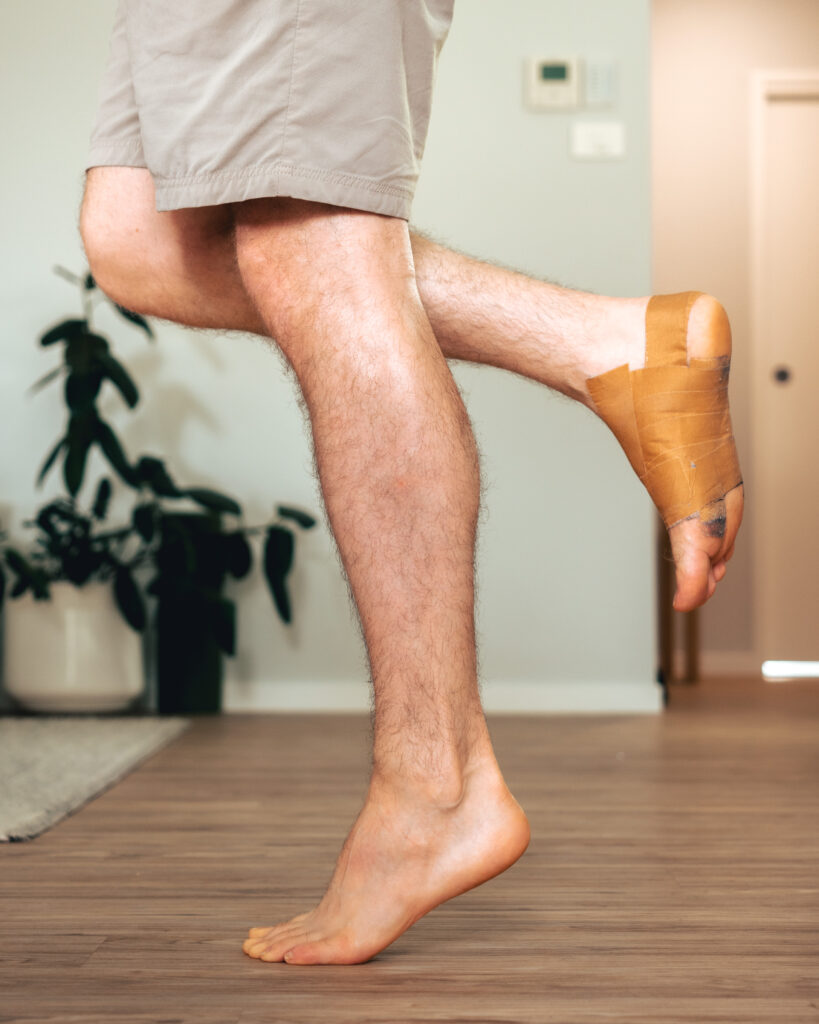 Client balancing on one leg with tape supporting their foot and ankle